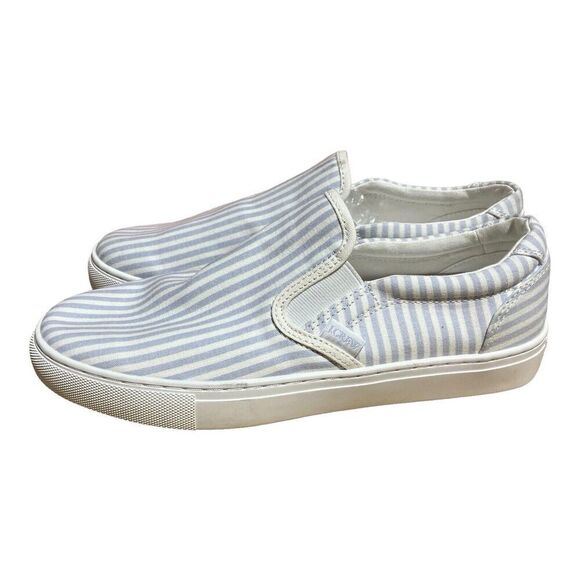 J Crew Sneakers WMNS 9 Blue Striped Canvas Road Trip Slip On White AW600 Boat - Picture 4 of 8